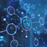 Digital network with shield and padlock icons against a cityscape background.