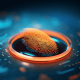A stylized orange and blue fingerprint on an illuminated circular surface with a digital background.