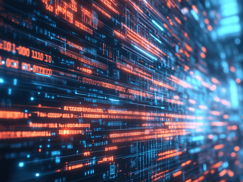 A digital illustration of a fast-moving data stream with blue and red lines and symbols.