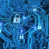 A blue-toned circuit board with digital padlock icons overlaying it.
