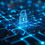 A digital padlock on a blue illuminated grid resembling a circuit board, symbolizing cybersecurity.