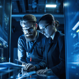Two individuals examine a tablet in a dimly lit server room.