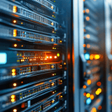 Rows of server racks with glowing orange and blue LEDs in a data center