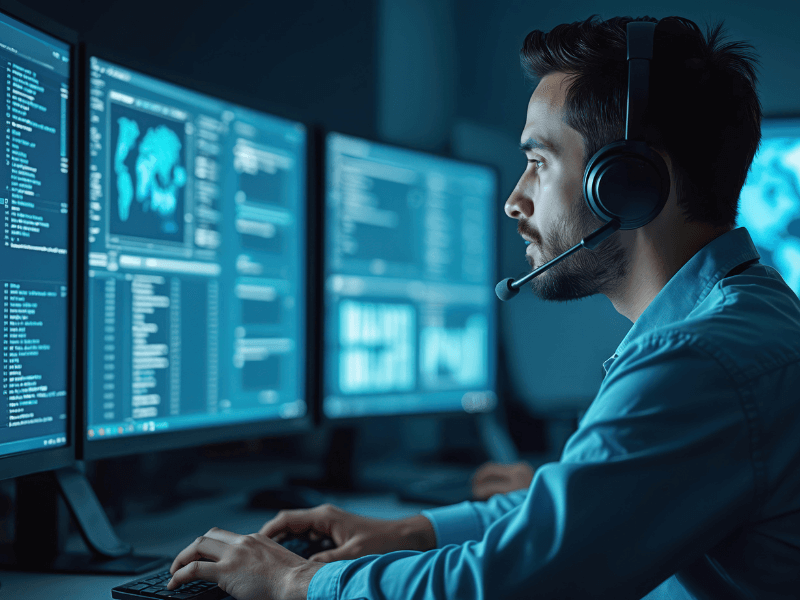 A man in a headset working at multiple computer monitors displaying data and charts.