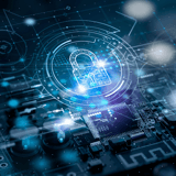 A digital illustration of a glowing padlock within a circuit board interface, symbolizing cybersecurity