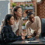 Three women collaborating in front of a computer in an office with a brick wall background.