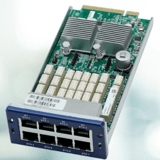 A network interface card with Ethernet ports and heat sinks.