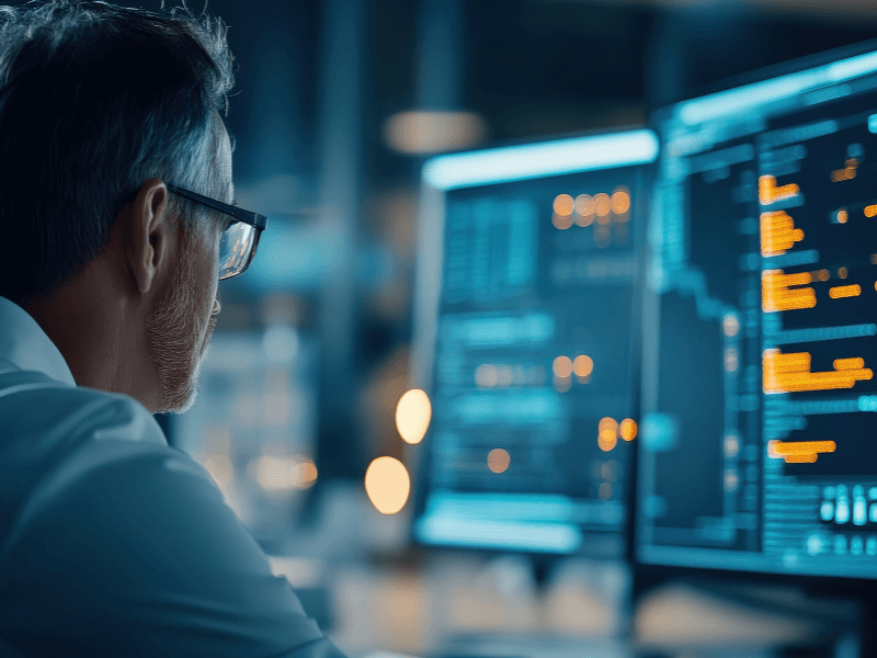 A person in glasses working on computer screens displaying code in a dimly lit room