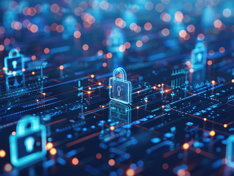 Digital depiction of padlocks over a circuit board, symbolizing cybersecurity.