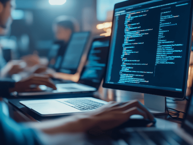 Monitors displaying code in a dimly lit workspace with a person typing on a laptop.