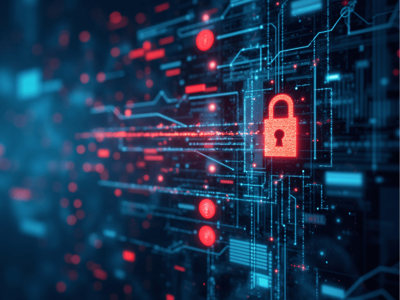 A glowing red padlock on a digital blue and black background with circuitry patterns.