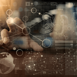 Hand interacting with a digital interface featuring diagrams, nodes, and data visuals.