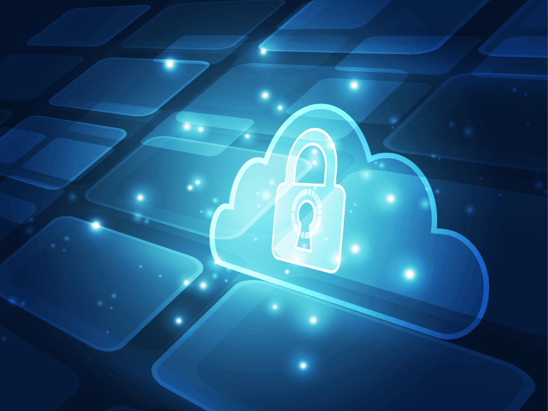 Glowing cloud icon with a padlock on a digital blue background.