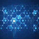 Hexagonal grid with padlock symbols over binary code background.