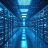 Interior of a modern server room with rows of illuminated server racks.