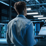 A person holding a laptop in a data center with server racks and lights.