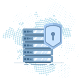 Illustration of server racks with a security shield and keyhole.