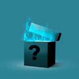 A dark teal box with a question mark and blue flames emerging from it.