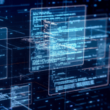Digital illustration of layered, transparent rectangles displaying computer code on a dark background.