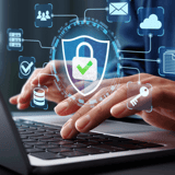Person typing on a laptop with digital security icons overlay, including a shield with a lock and check mark.